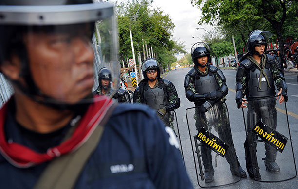 Thailand protests: Riot policemen stand guard at Royal Plaza