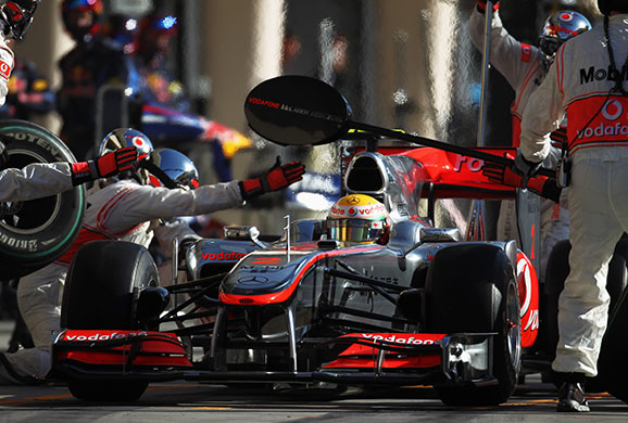 Bahrain Grand Prix: Lewis Hamilton of Great Britain and McLaren Mercedes comes in for a pitstop