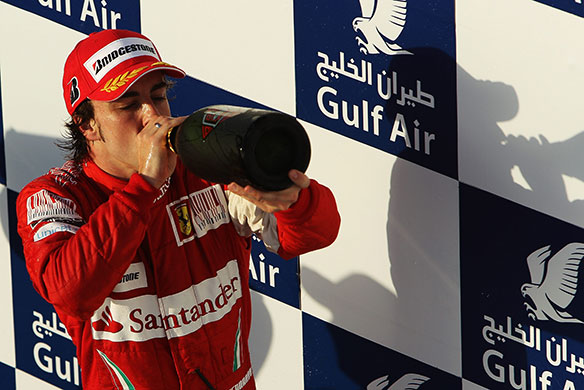 Bahrain Grand Prix: Fernando Alonso of Spain and Ferrari celebrates on the podium