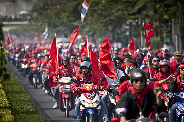 Thailand protests: 15 March 2010: Anti-goverment protesters ride motorcycles