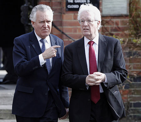 Michael Foot's funeral: Secretary for Wales Peter Hain and Rodney Bickerstaffe leave the funeral