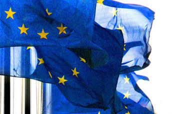 European Union flags at the European council building in Brussels.