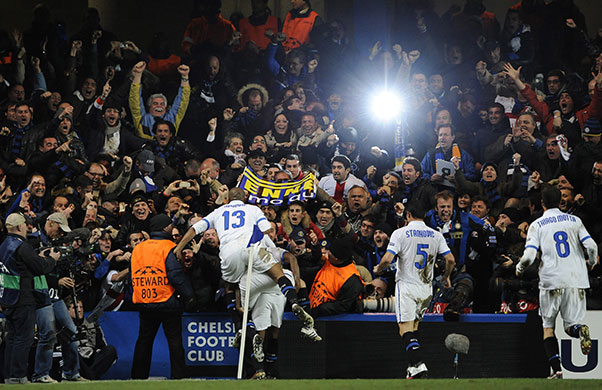 Chelsea v Inter: The Inter fans go wild as Eto'o celebrates in front of them 