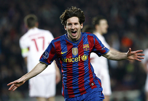 Champions League: Barcelona's Messi celebrates after scoring against Stuttgart