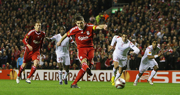 Europa League: Steven Gerrard scores from the penalty box