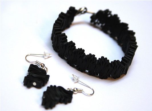 Bike blog objects: bracelet and hearings made out from bicycle tyre, designed by Dénes Muskotá