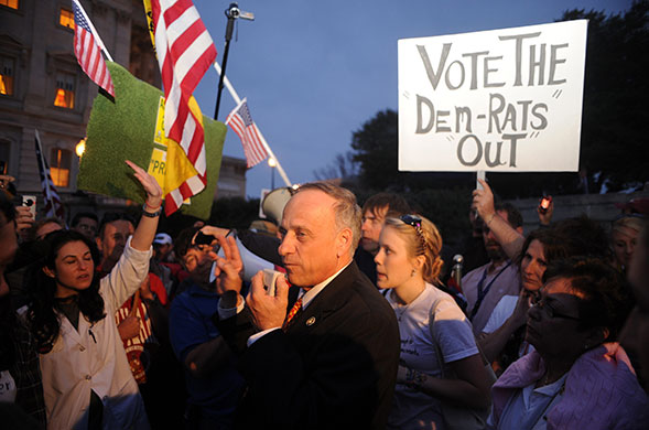 Healthcare reform: Rep. Steve King talks to protesters who oppose health care reform