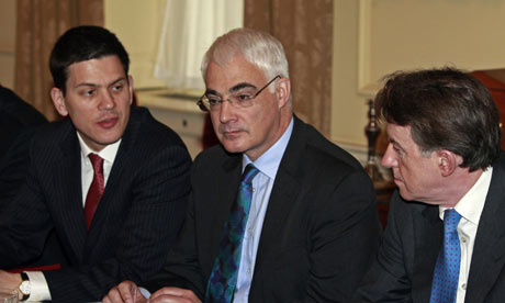 David Miliband, Alistair Darling and Lord Mandelson meet before the chancellor delivers his budget
