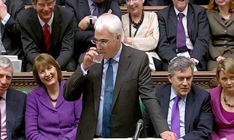 Alistair Darling delivering the 2010 budget on 24 March 2010. Harriet Harman and Gordon Brown