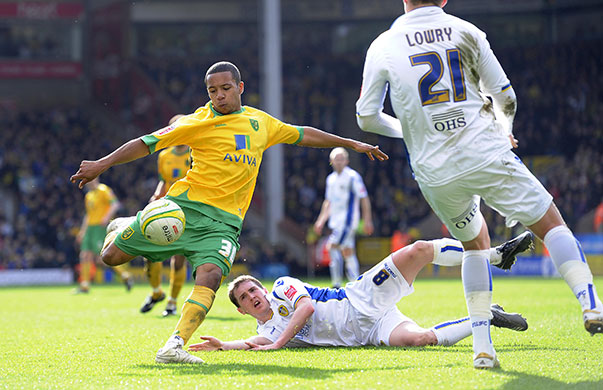 Norwich v Leeds: Korey Smith shapes up to fire a volley towards the Leeds goal