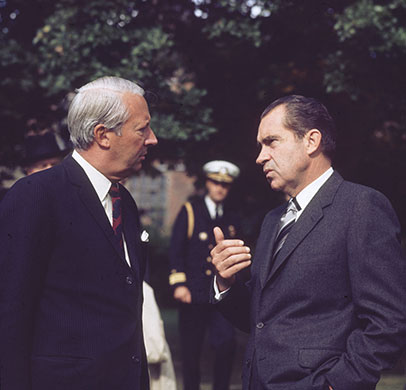 UK and US: 1970: Prime Minister Edward Heath chatting with President Richard Nixon