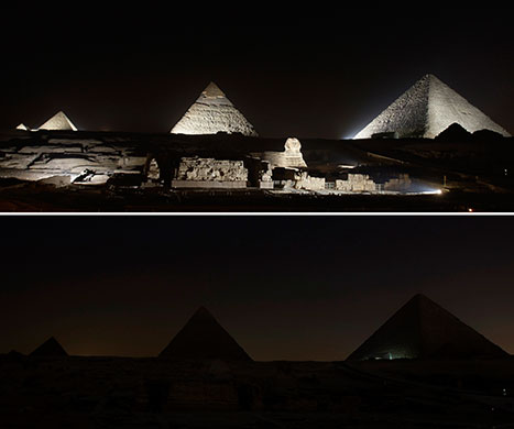 Eyewitness: The Giza pyramids and the Sphinx before and during Earth Hour.