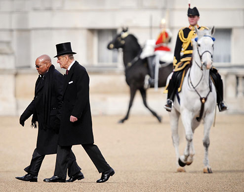 Jacob Zuma visits London: The Duke of Edinburgh and Jacob Zuma inspect troops on Horseguards Parade
