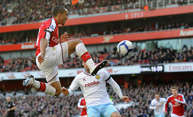 Arsenal v Burnley: Theo Walcott puts in an acrobatic cross