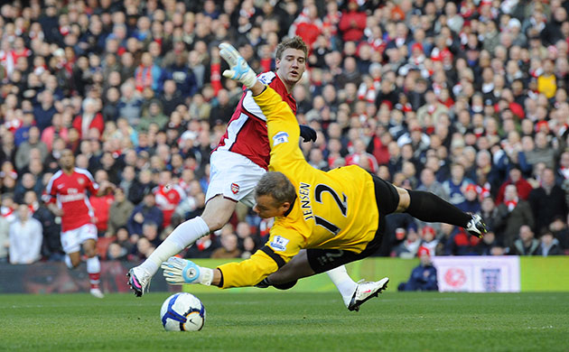 Arsenal v Burnley: This time Bendtner has his shot saved by Jensen