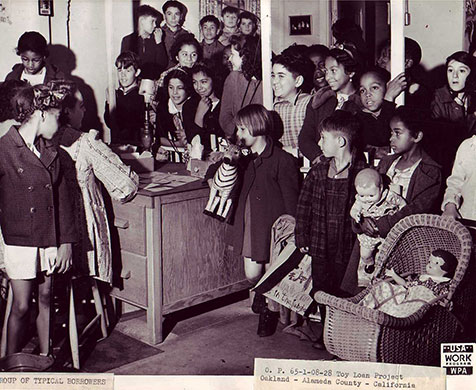 New Deal: Children wait in line clutching toys