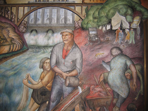 New Deal: A mural depicting workers by a bridge
