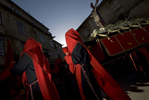 Holy week: Santiago de Compostela, Spain: Penitents in the Esperanza procession