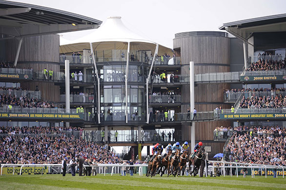 Grand National: Runners in the 1st race pass by the packed stands