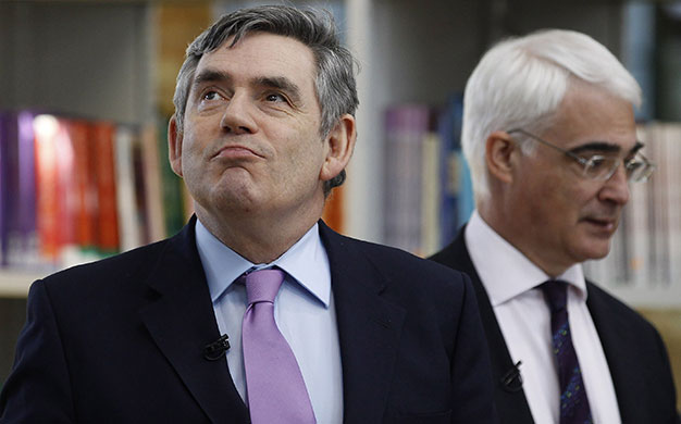 Election campaign: Gordon Brown and and Alistair Darling arrive at a college in Derby