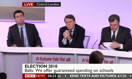 Andy Burnham, Lord Mandelson and Ed Balls at a Labour press conference on 14 April 2010.