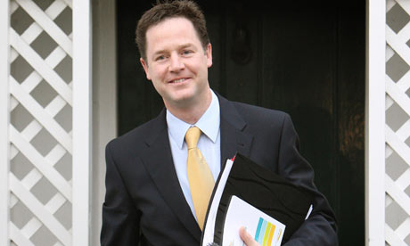 Nick Clegg leaves his home before the launch of the Liberal Democrat manifesto on 14 April 2010.