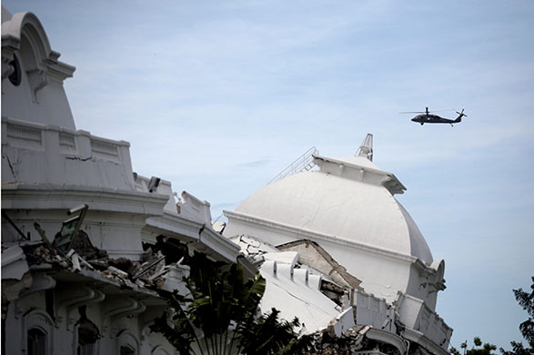 Michelle Obama in Haiti: A view of the helicopter transporting Michelle Obama, and Jill Biden