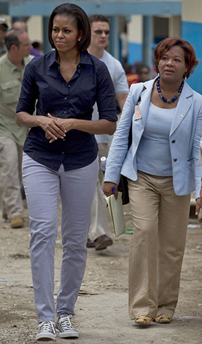 Michelle Obama in Haiti: Michelle Obama with a translator 
