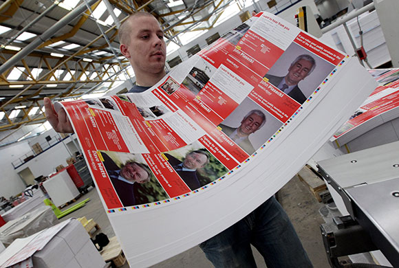 Printing Labour leaflets: Finished printed sheets of Labour Party election material are prepared