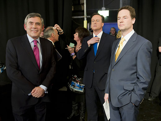 Election debate: Gordon Brown, David Cameron and Nick Clegg before the debate