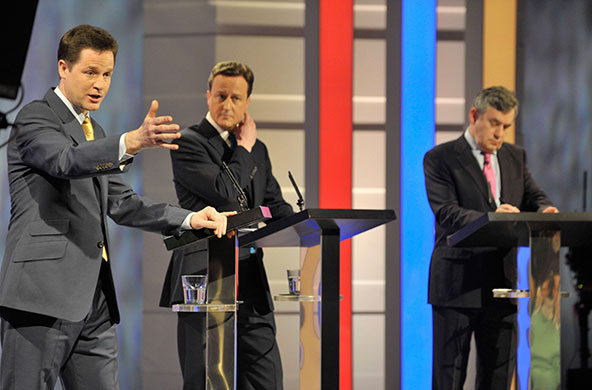 Election debate: Nick Clegg, David Cameron and Gordon Brown during the debate