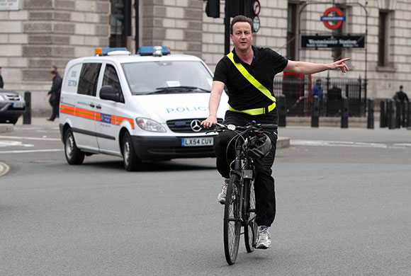 2010 election: 7 April: David Cameron arrives by bicycle