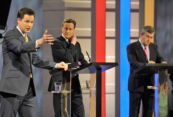 Election week two: Nick Clegg, David Cameron and Gordon Brown during the leaders' debate