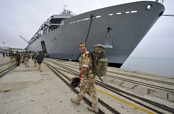 Stranded passengers: British Royal Navy warship HMS Albion at anchor in the port of Santander