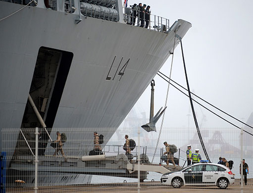 Stranded passengers: British soldiers board HMS Albion Royal Navy ship docked in Santander