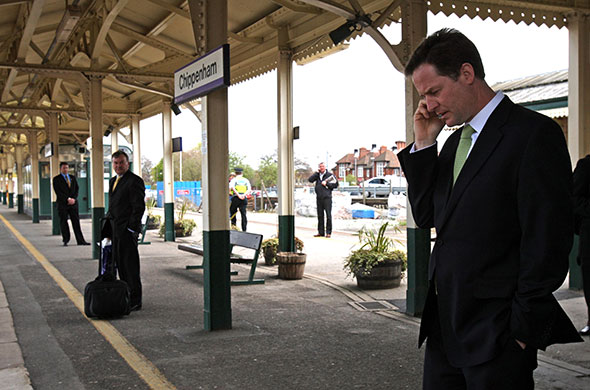 election week 3: Nick Clegg waiting for a train at Chippenham train station in Wiltshire 