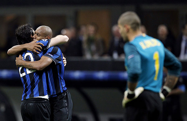 Inter v Barca: Inter Milan's Milito and Maicon celebrate after scoring Milan