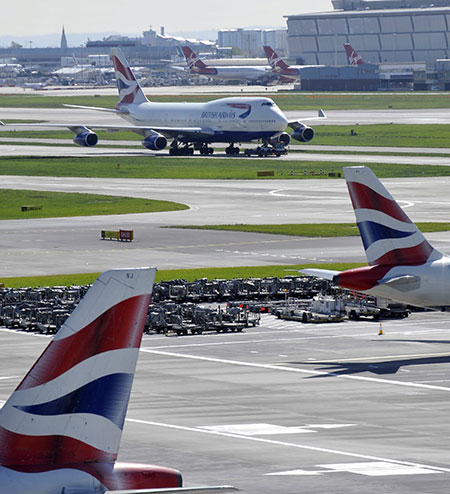 Airspace reopens: British Airways planes at Heathrow Airport in London
