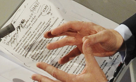 Gordon Brown's notes during the leaders' debate on 22 April 2010.