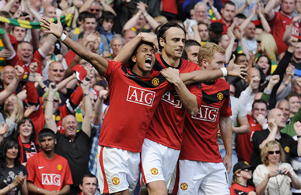 United v Spurs: Nani celebrates scoring United's second goal with his team-mates