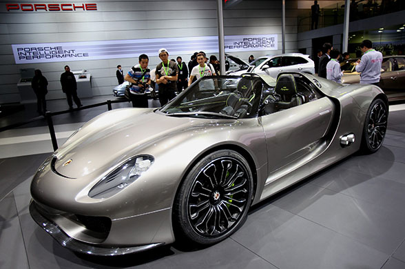Beijing car show: A Porsche 918 Spyder concept car is displayed during a press preview 