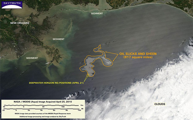 deepwater horizon: satellite image of oil slick caused by Deepwater Horizon blowout