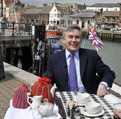 Election campaign: Gordon Brown having tea on Weymouth quay