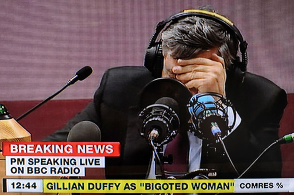 Election week 4: Gordon Brown hides behind the microphone on Jeremy Vine's BBC Radio 2 show