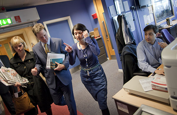 Campaigning with Clegg: Nick Clegg at the BBC TV Centre for a Radio 5 Live phone-in