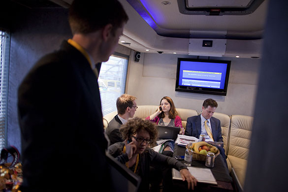 Campaigning with Clegg: Nick Clegg and his team travel on his campaign bus from Southampton