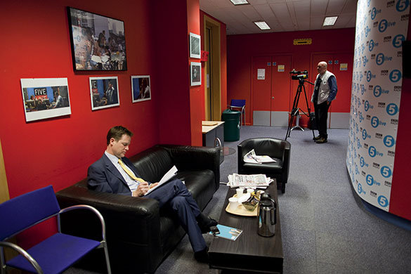 Campaigning with Clegg: Nick Clegg prepares his speech to the RCN while waiting at BBC TV Centre