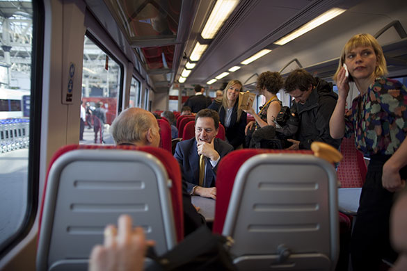 Campaigning with Clegg: Nick Clegg and Vince Cable on a train to Southampton