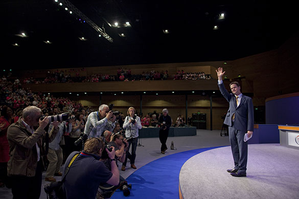 Campaigning with Clegg: Nick Clegg addresses the Royal College of Nursing conference at BIC