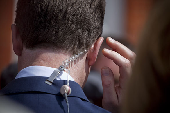 Campaigning with Clegg: Nick Clegg adjusts an earpiece at Southampton General hospital